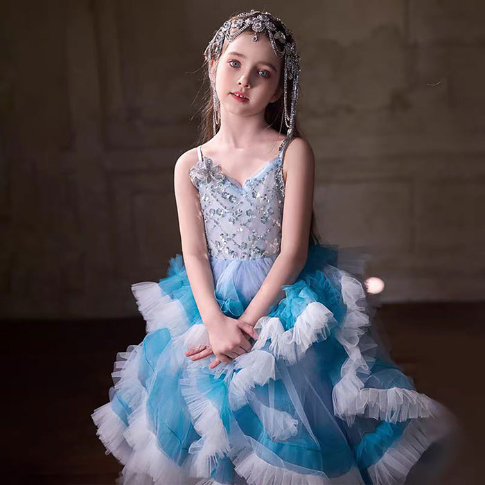 Sleeveless Beading Tulle Flower Girl Dress Blue J399