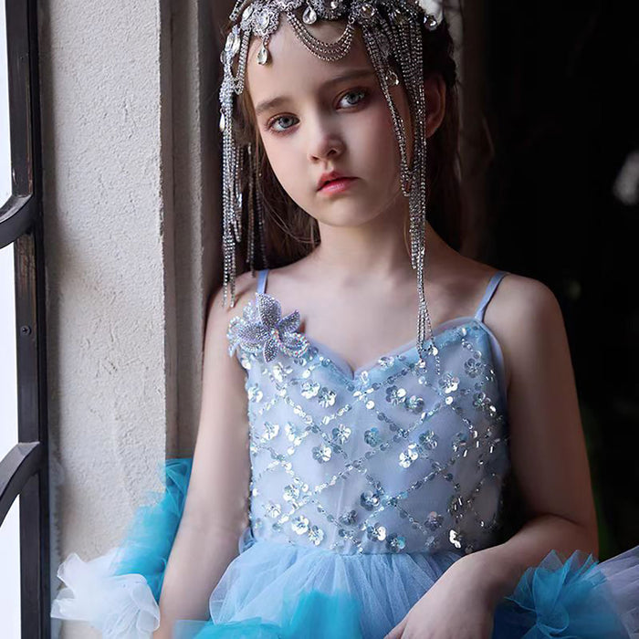 Sleeveless Beading Tulle Flower Girl Dress Blue J399