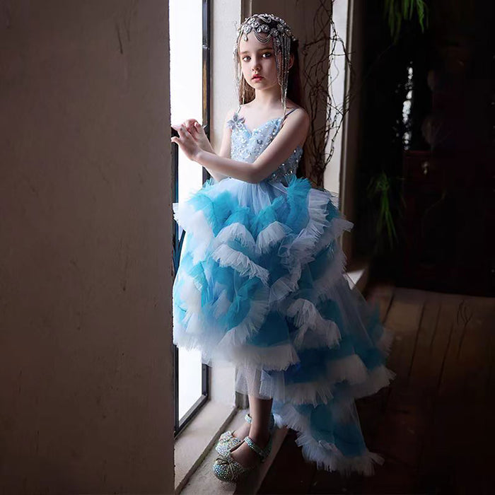 Sleeveless Beading Tulle Flower Girl Dress Blue J399