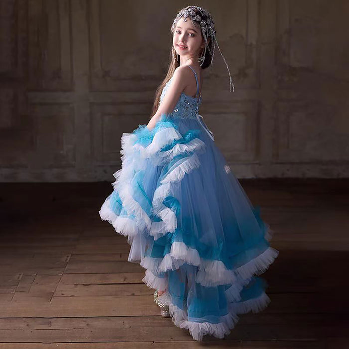Sleeveless Beading Tulle Flower Girl Dress Blue J399