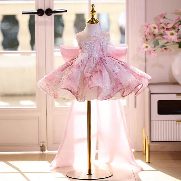 Sleeveless Feathers Sequined Flower Girl Dress With Tailing Teal J545
