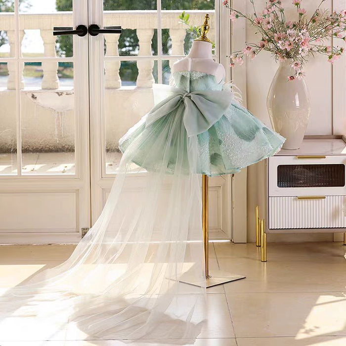 Sleeveless Feathers Sequined Flower Girl Dress With Tailing Teal J545