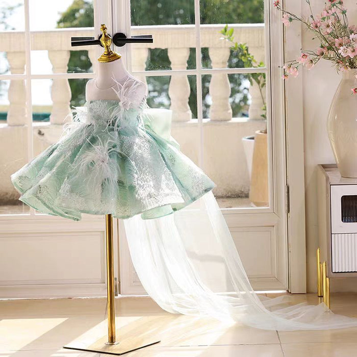 Sleeveless Feathers Sequined Flower Girl Dress With Tailing Teal J545