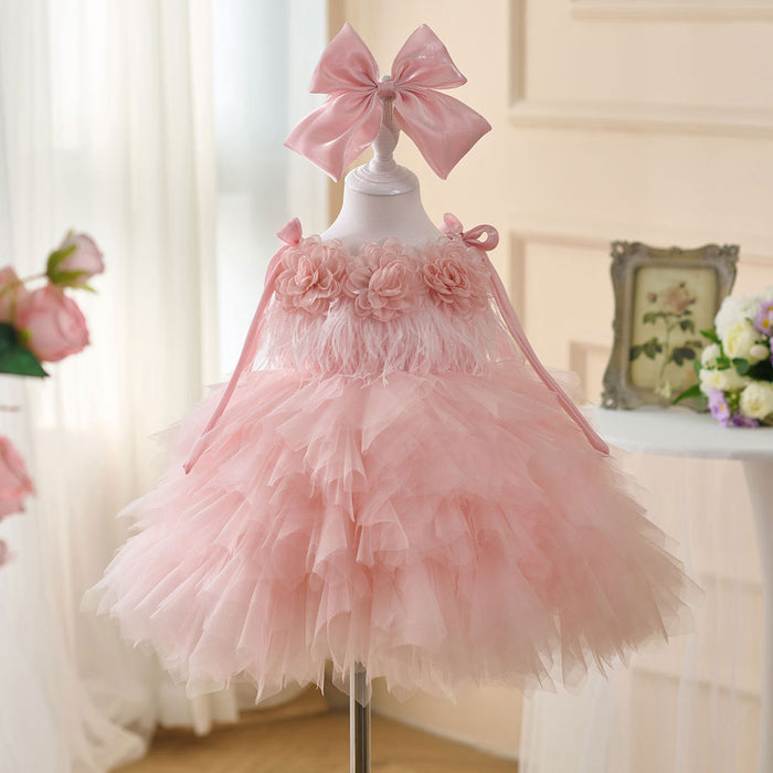Sleeveless Flower-Adorned Tiered Flower Girl Dress With Bow D052