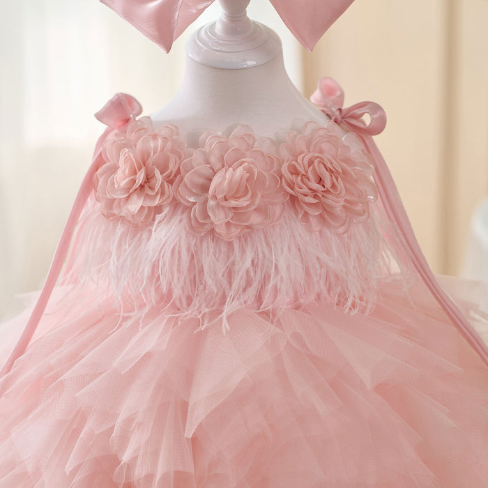 Sleeveless Flower-Adorned Tiered Flower Girl Dress With Bow D052