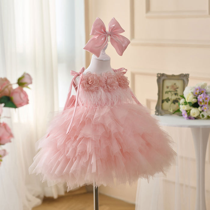 Sleeveless Flower-Adorned Tiered Flower Girl Dress With Bow D052
