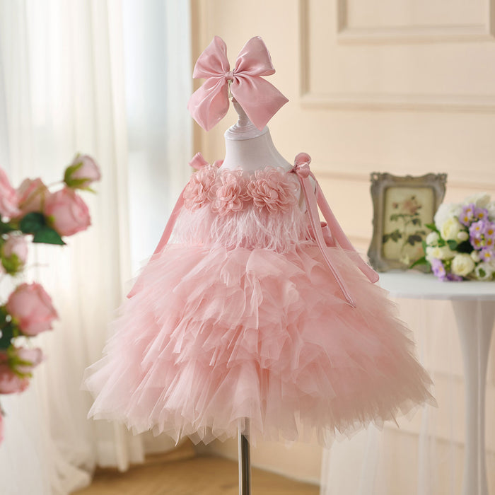 Sleeveless Flower-Adorned Tiered Flower Girl Dress With Bow D052