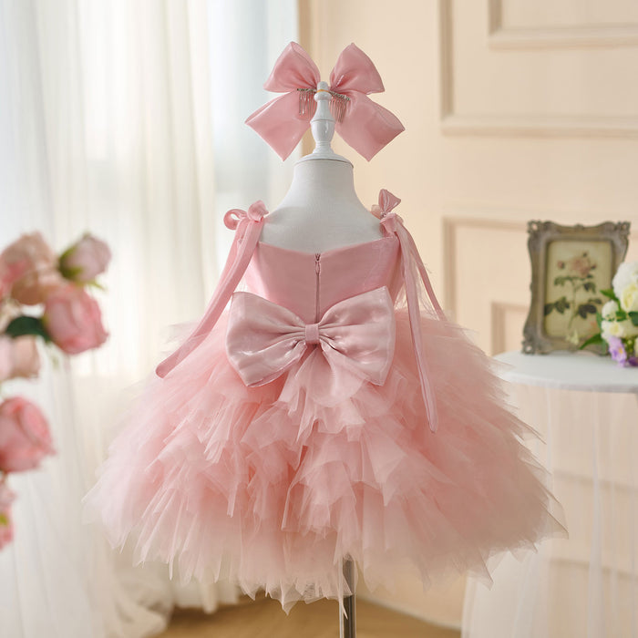 Sleeveless Flower-Adorned Tiered Flower Girl Dress With Bow D052