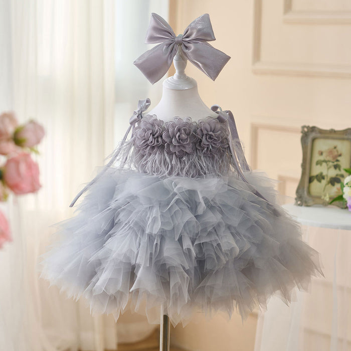 Sleeveless Flower-Adorned Tiered Flower Girl Dress With Bow D052