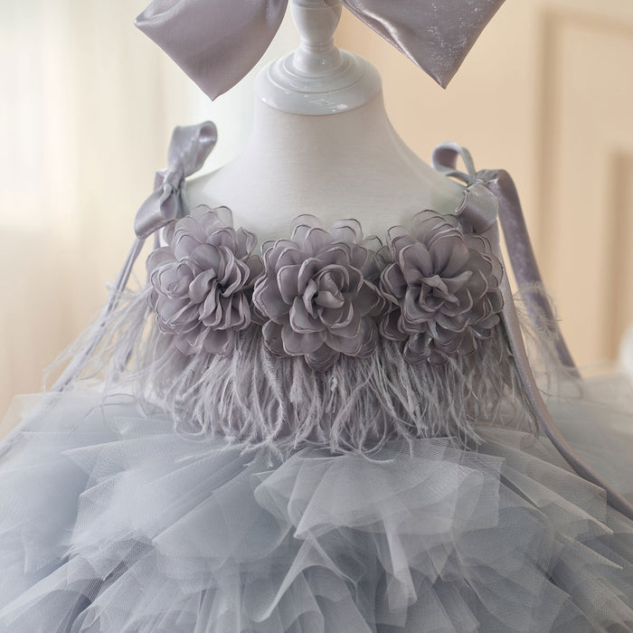 Sleeveless Flower-Adorned Tiered Flower Girl Dress With Bow D052