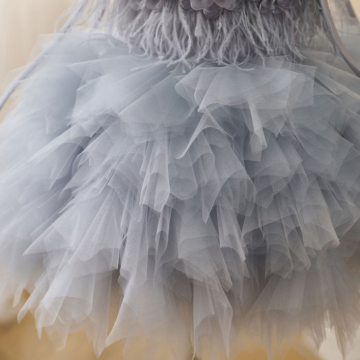 Sleeveless Flower-Adorned Tiered Flower Girl Dress With Bow D052