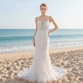 Sleeveless Illusion Neckline Sheer Lace Mermaid Wedding Dress - Rosymae