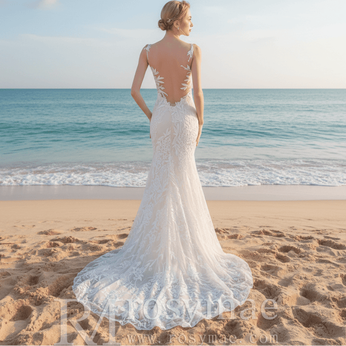 Sleeveless Illusion Neckline Sheer Lace Mermaid Wedding Dress - Rosymae