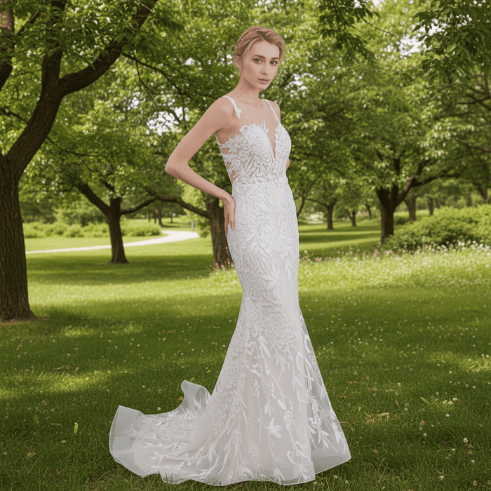 Sleeveless Illusion Neckline Sheer Lace Mermaid Wedding Dress - Rosymae
