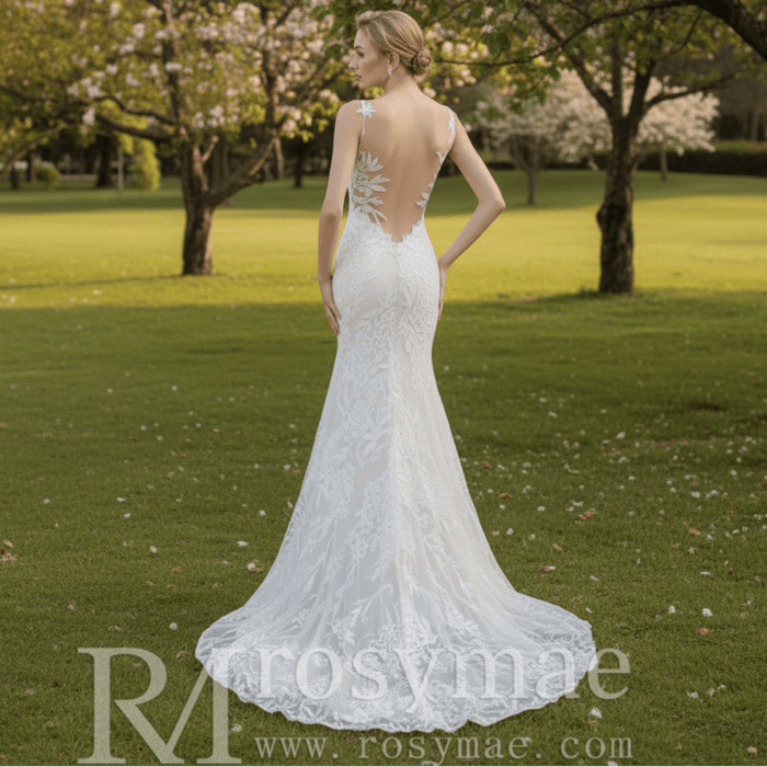 Sleeveless Illusion Neckline Sheer Lace Mermaid Wedding Dress - Rosymae