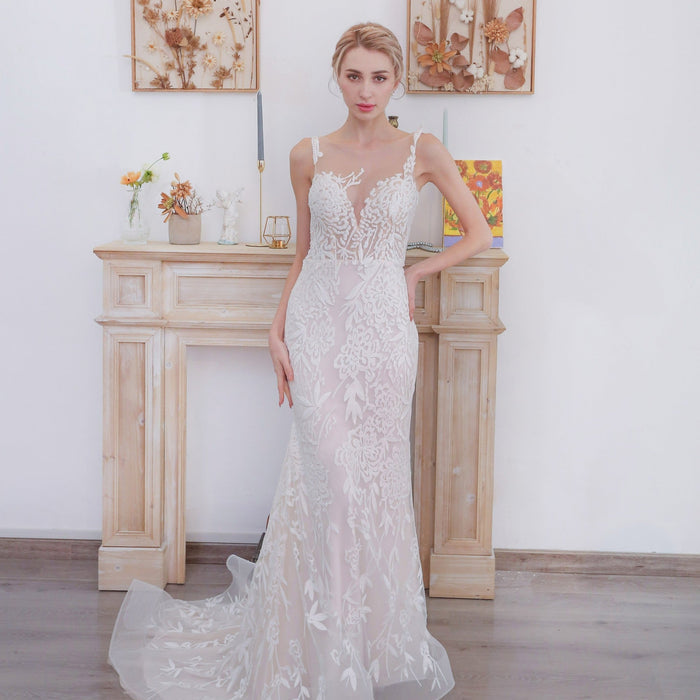 Sleeveless Illusion Neckline Sheer Lace Mermaid Wedding Dress - Rosymae