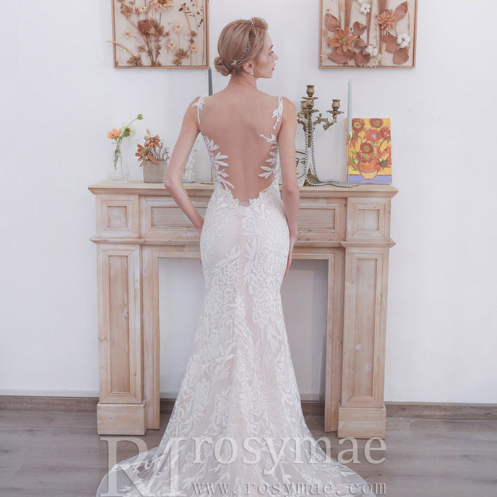 Sleeveless Illusion Neckline Sheer Lace Mermaid Wedding Dress - Rosymae