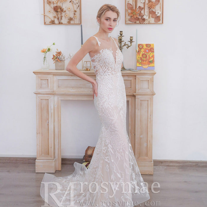 Sleeveless Illusion Neckline Sheer Lace Mermaid Wedding Dress - Rosymae