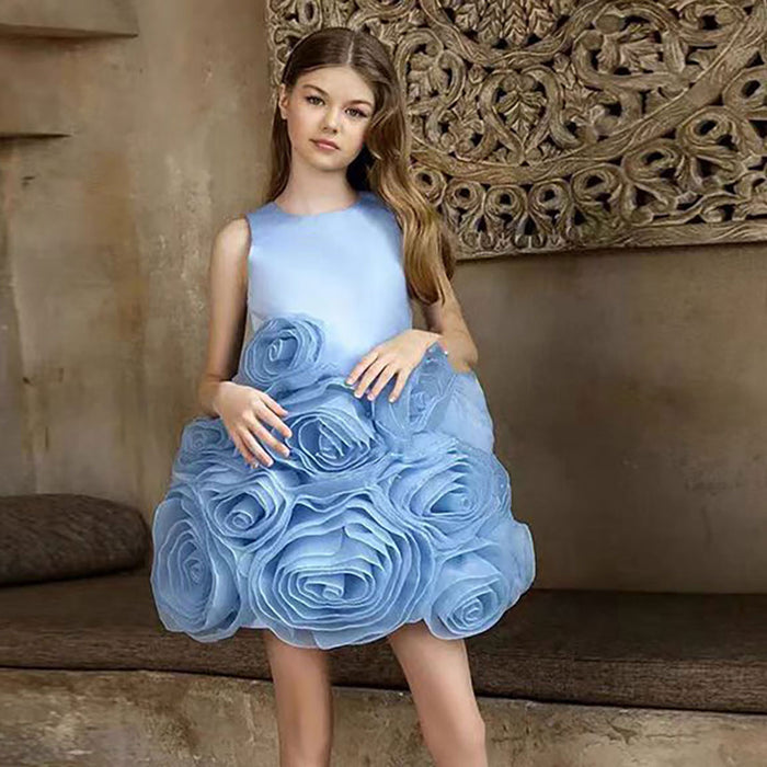 Sleeveless Satin Top 3D Flower Girl Dress Lilac D060