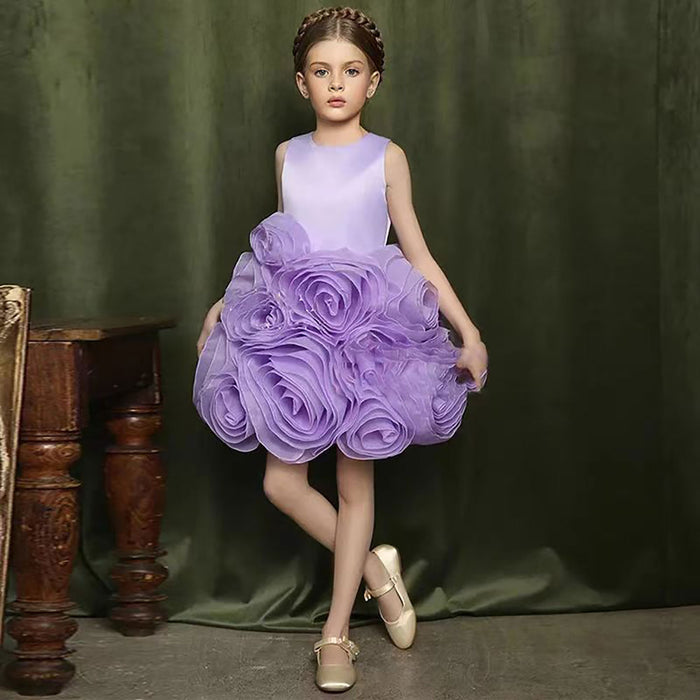 Sleeveless Satin Top 3D Flower Girl Dress Lilac D060