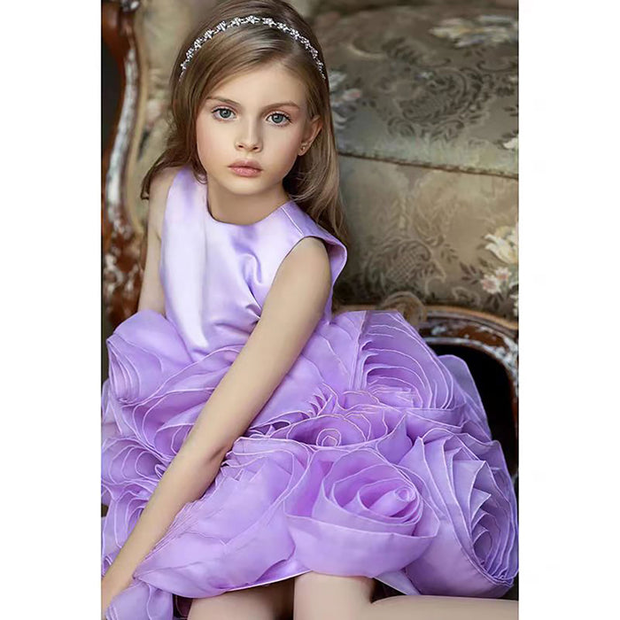 Sleeveless Satin Top 3D Flower Girl Dress Lilac D060