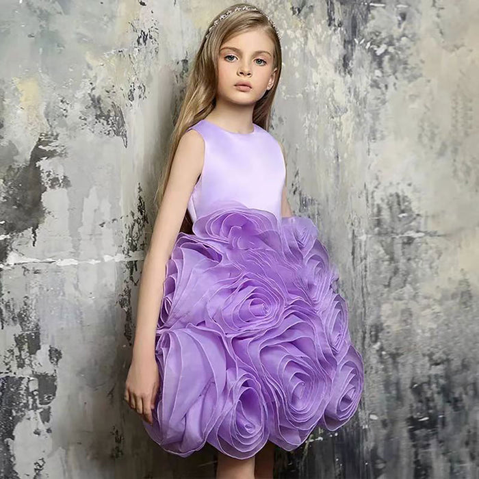 Sleeveless Satin Top 3D Flower Girl Dress Lilac D060