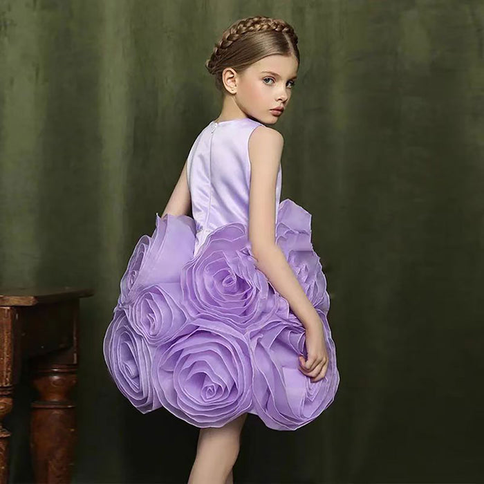 Sleeveless Satin Top 3D Flower Girl Dress Lilac D060