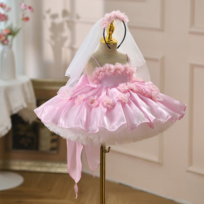 Sling Flower-Adorned Pearls Satin Pink Girl Dress D083