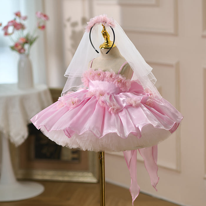 Sling Flower-Adorned Pearls Satin Pink Girl Dress D083