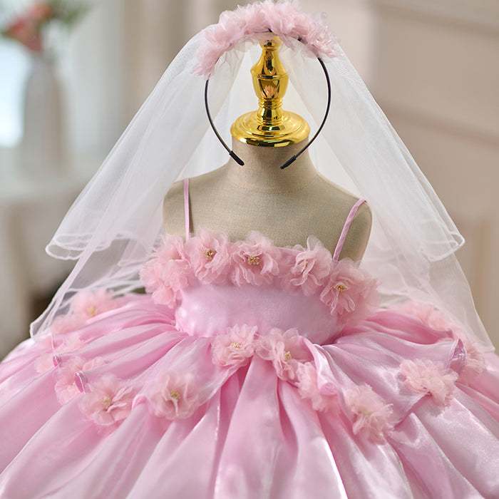Sling Flower-Adorned Pearls Satin Pink Girl Dress D083