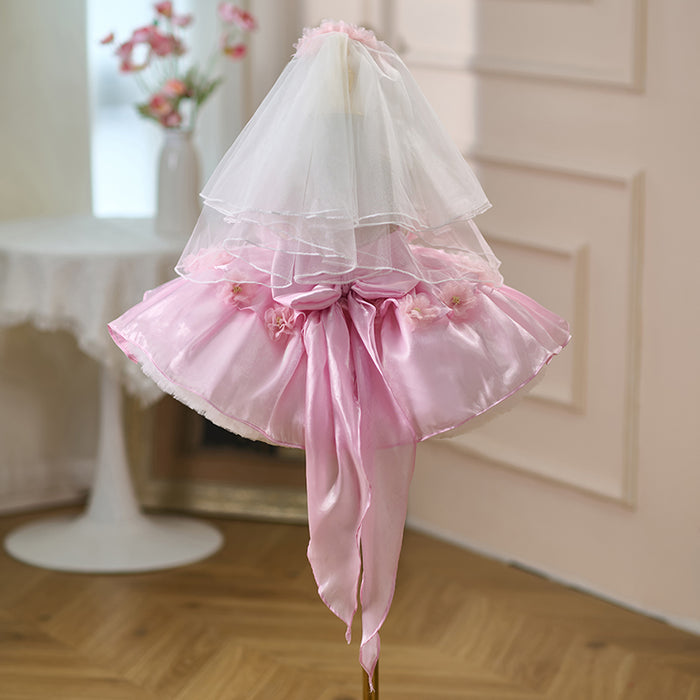 Sling Flower-Adorned Pearls Satin Pink Girl Dress D083