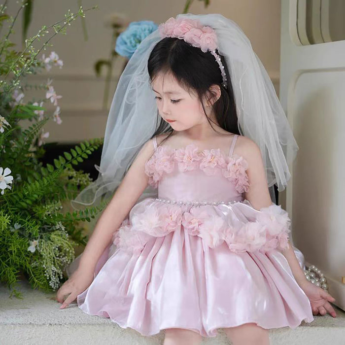 Sling Flower-Adorned Pearls Satin Pink Girl Dress D083