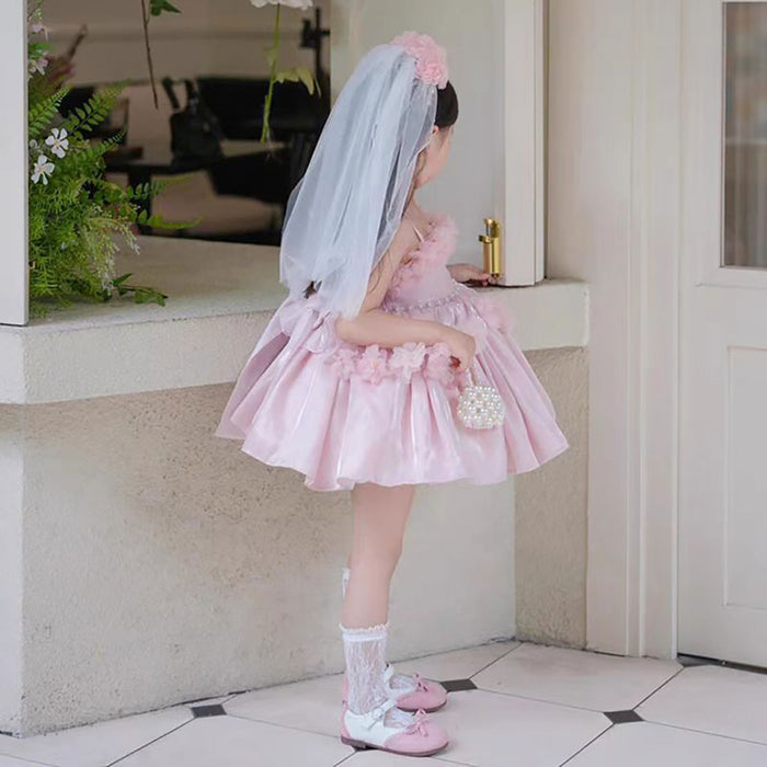 Sling Flower-Adorned Pearls Satin Pink Girl Dress D083