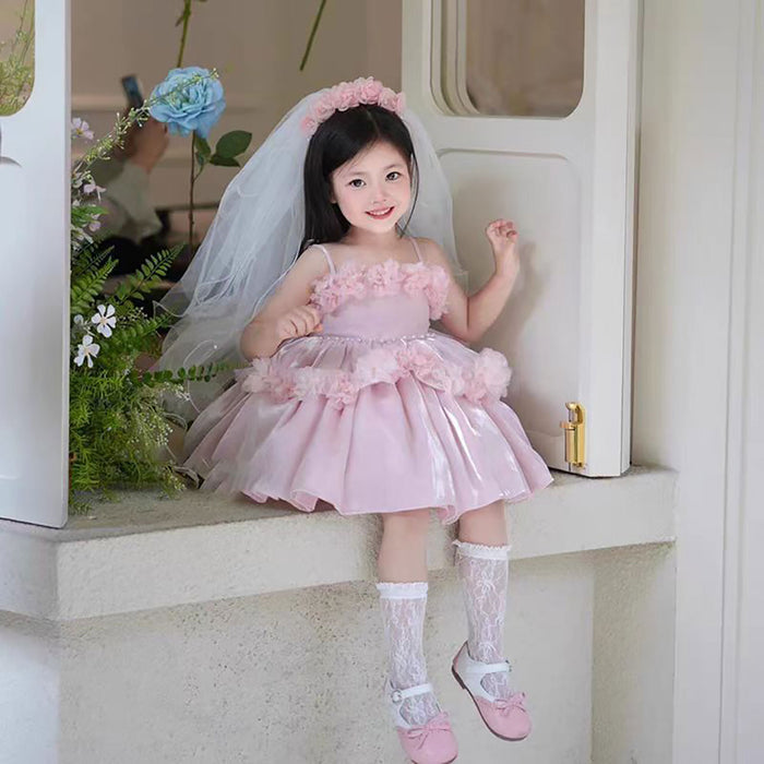 Sling Flower-Adorned Pearls Satin Pink Girl Dress D083
