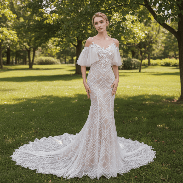 Spaghetti Strap Mermaid Grid Pattern Lace Bridal Wedding Dress - Rosymae