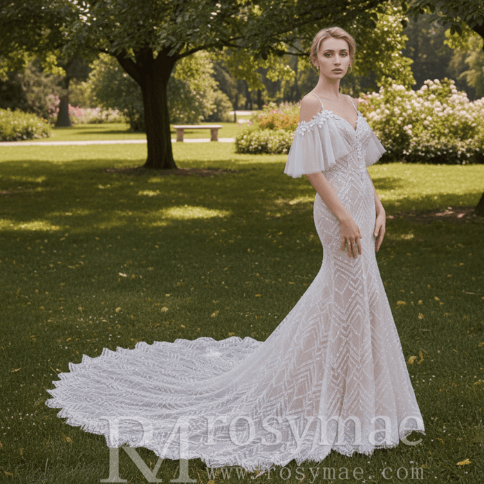 Spaghetti Strap Mermaid Grid Pattern Lace Bridal Wedding Dress - Rosymae
