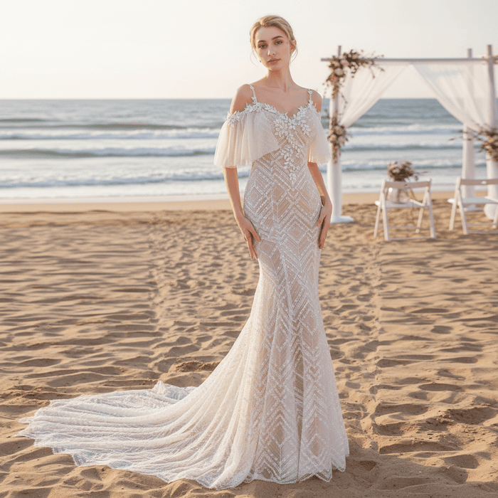Spaghetti Strap Mermaid Grid Pattern Lace Bridal Wedding Dress - Rosymae