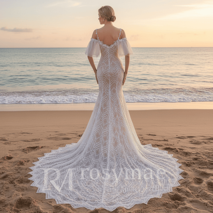 Spaghetti Strap Mermaid Grid Pattern Lace Bridal Wedding Dress - Rosymae