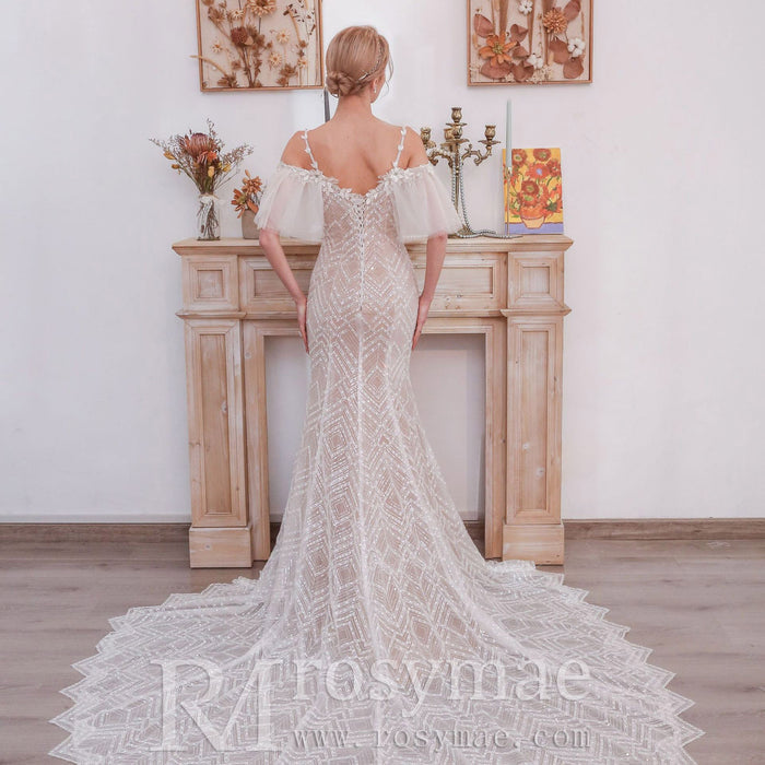Spaghetti Strap Mermaid Grid Pattern Lace Bridal Wedding Dress - Rosymae