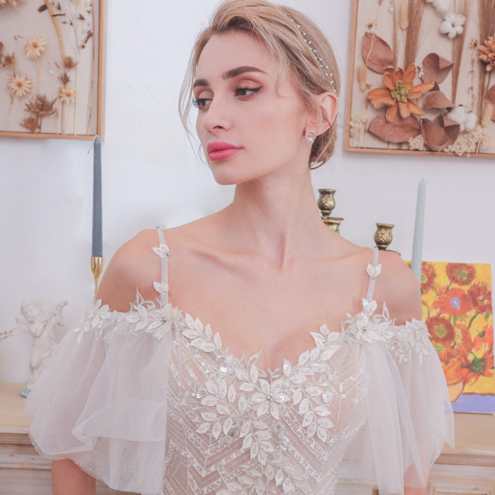 Spaghetti Strap Mermaid Grid Pattern Lace Bridal Wedding Dress - Rosymae