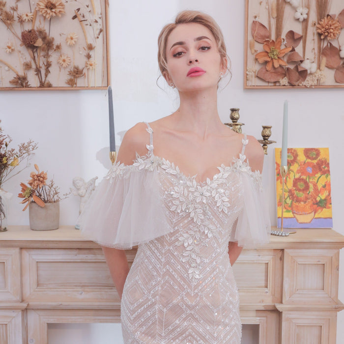 Spaghetti Strap Mermaid Grid Pattern Lace Bridal Wedding Dress - Rosymae