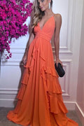 Spaghetti Straps A-Line Empire-Waist Ruffles Formal Prom Dress