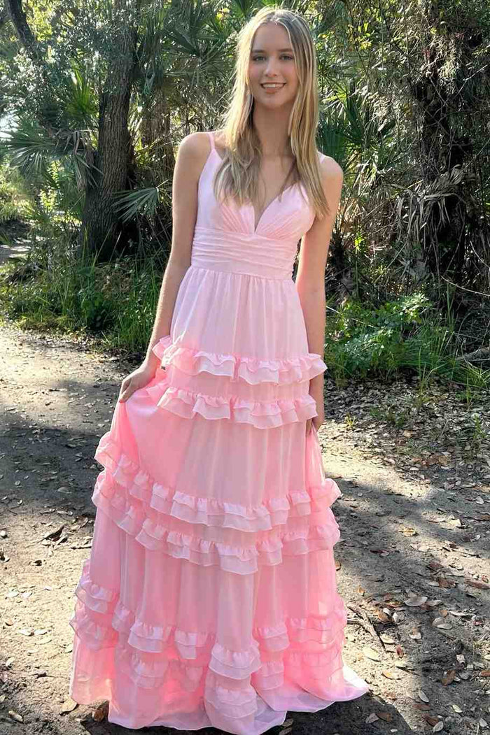 Spaghetti Straps A-Line Ruffles Chiffon Empire-Waist Prom Formal Dress