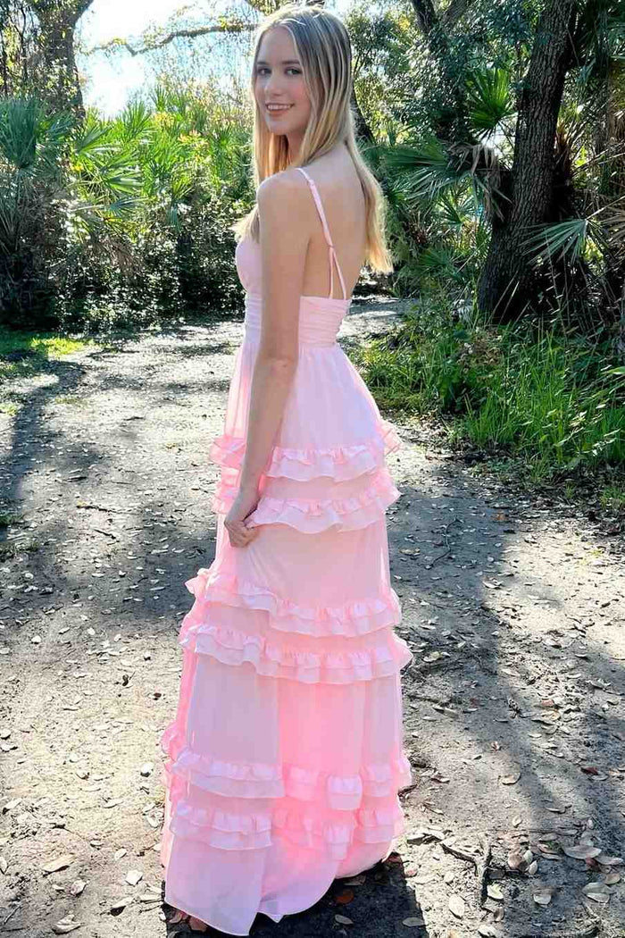 Spaghetti Straps A-Line Ruffles Chiffon Empire-Waist Prom Formal Dress
