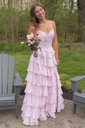 Spaghetti Straps A-Line V-Neck Empire-Waist Ruffles Long Prom Dress