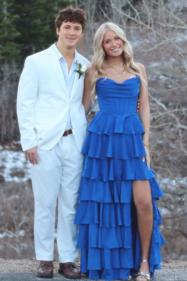 Spaghetti Straps A-Line V-Neck Ruffles Empire-Waist Satin Prom Dress