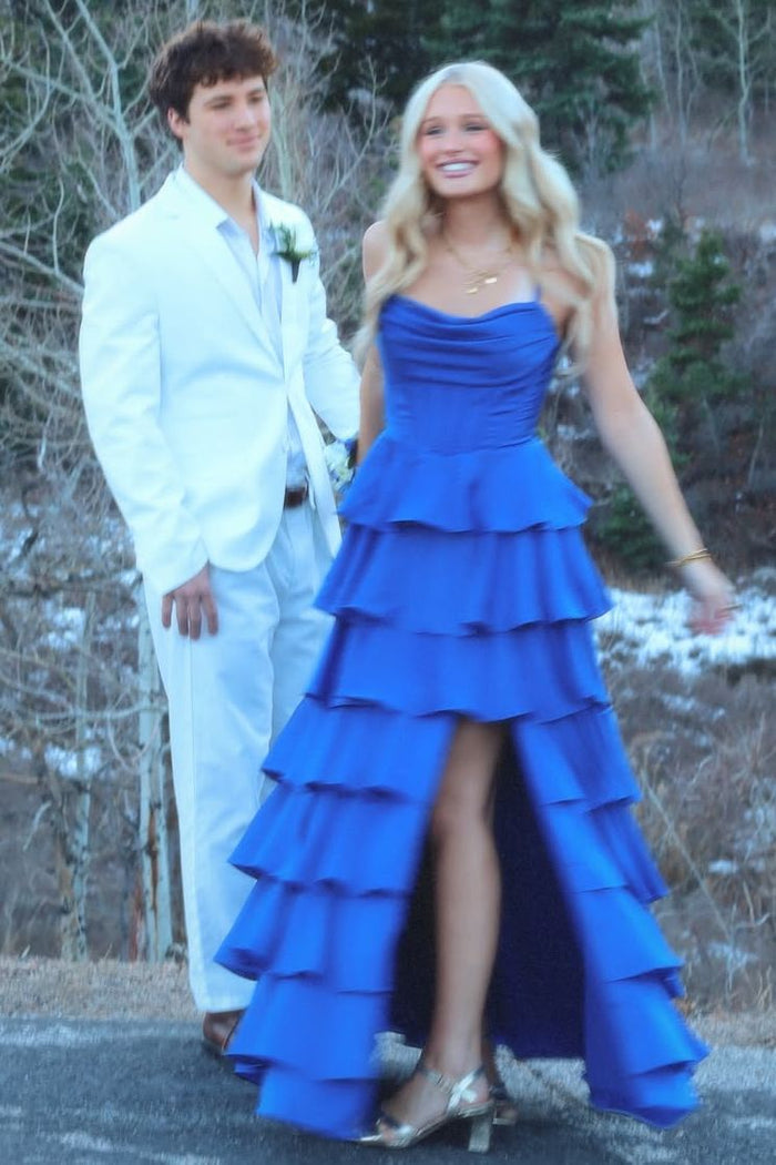 Spaghetti Straps A-Line V-Neck Ruffles Empire-Waist Satin Prom Dress