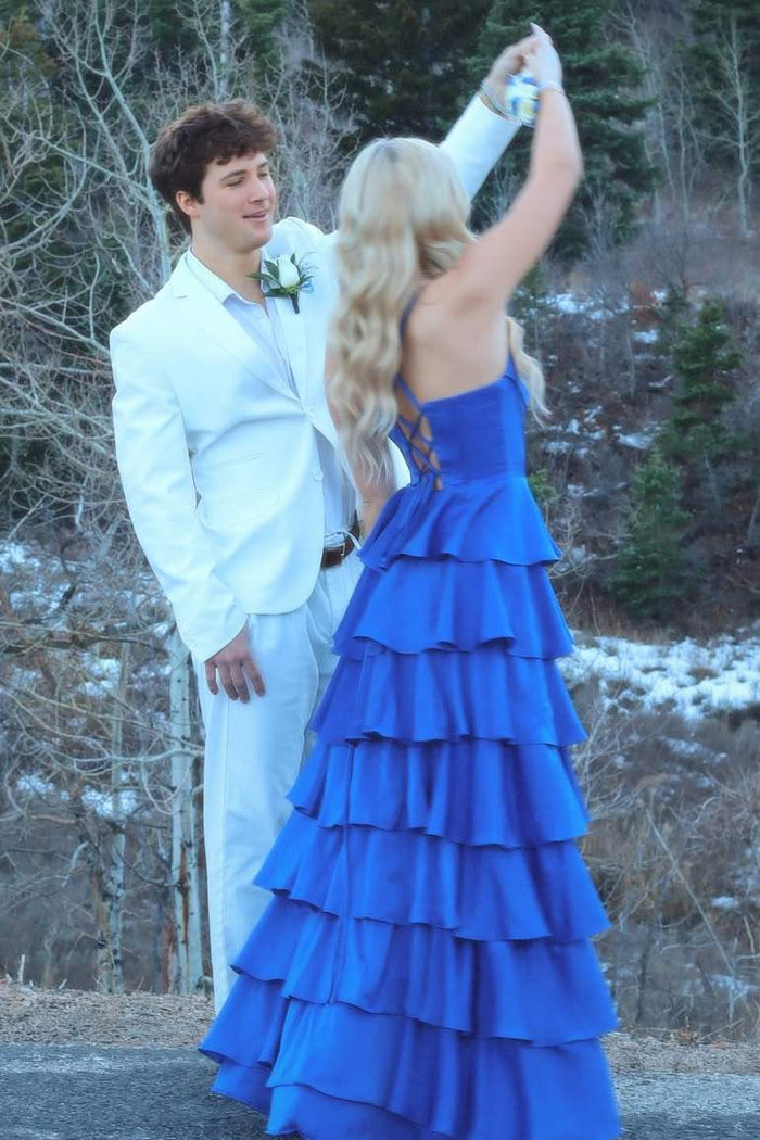 Spaghetti Straps A-Line V-Neck Ruffles Empire-Waist Satin Prom Dress