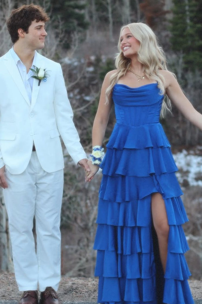 Spaghetti Straps A-Line V-Neck Ruffles Empire-Waist Satin Prom Dress