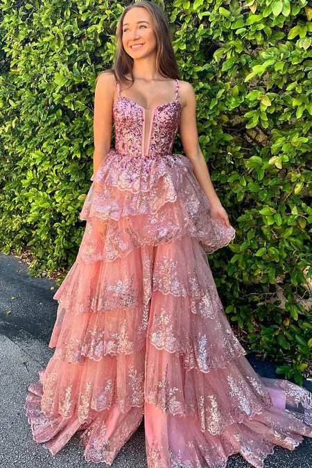 Spaghetti Straps A-Line V-Neck Tiered Princess Prom Dress with Appliques